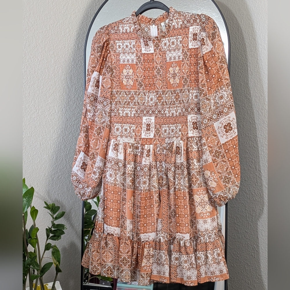 Orange Multi-patterned Smocked Shirt/Dress